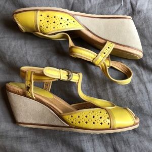 Frye yellow leather wedge sandals.